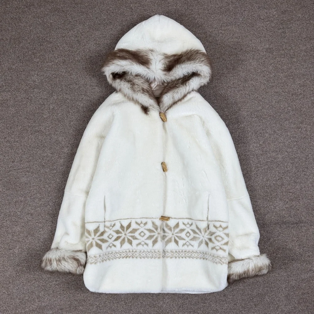 VTG Coldwater Creek Faux Fur Hooded Jacket Women’s M Snowflake Nordic Fair Aisle